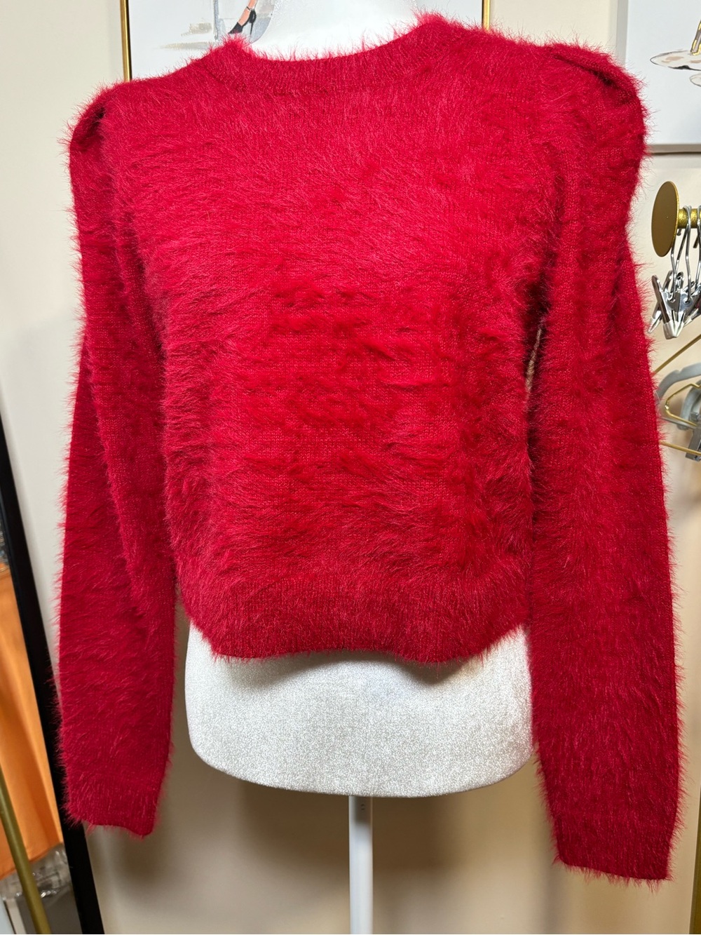 Lovers + Friends Red Fuzzy Cropped Sweater Size Small NWT
